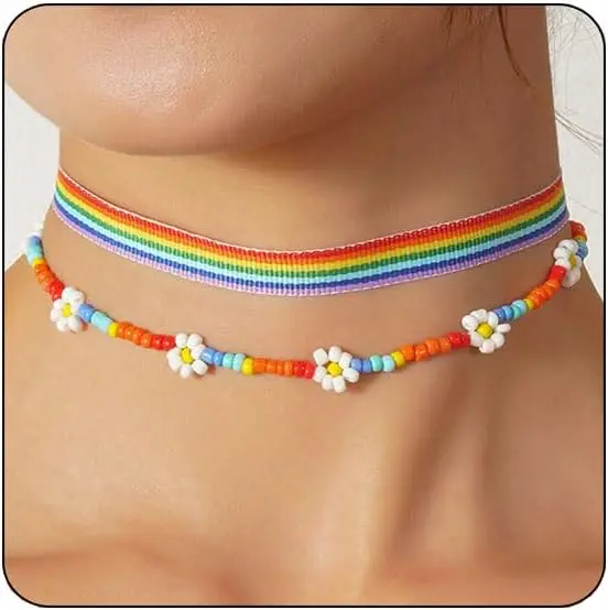 

2025 Pride Necklace for Women Rainbow Choker Beaded Necklace LGBT Layered Necklace Jewelry Gifts