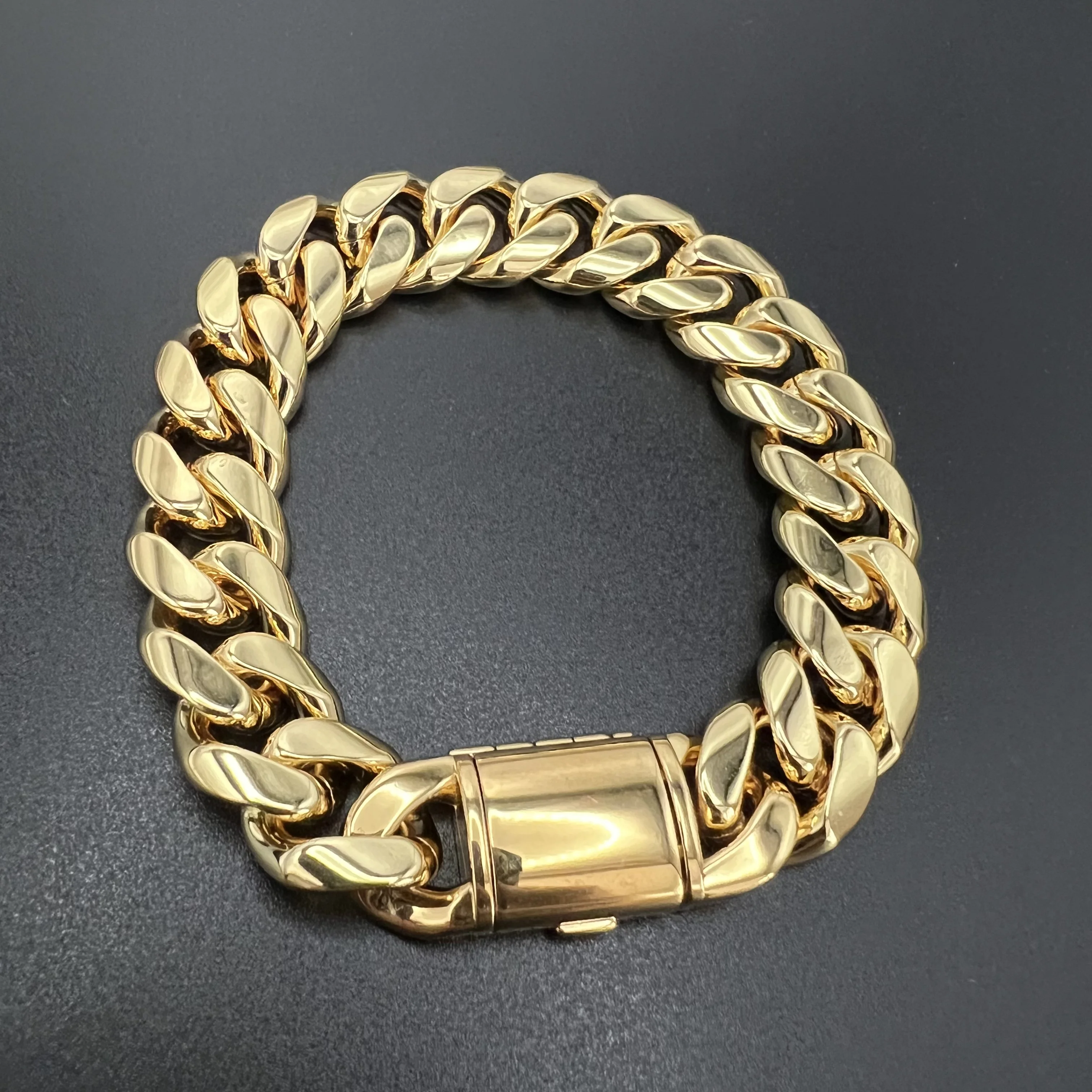 14mm 18K Gold 5-Layers Plated Premium Durable Cuban Bracelet(Flip Buckle)