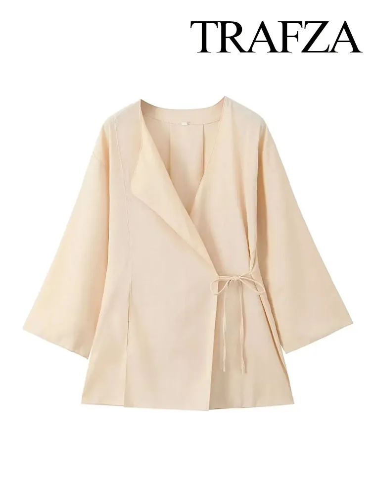 TRAFZA 2024 camicette primaverili per donna moda lino marrone Cardigan allentato Kimono femminile con Top camicia da donna Vintage con lacci
