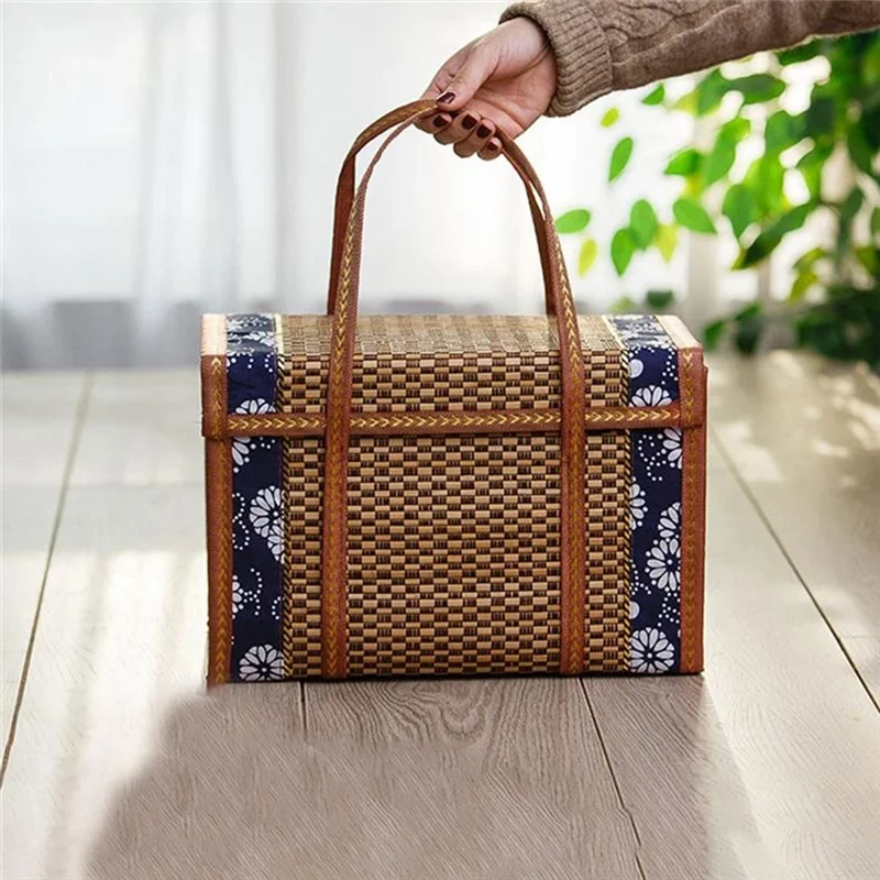 AT77 Picnic Woven Basket Wicker Storage Bag Handle Folded Fruit Shopping Food Handle Rattan Grass Foldable Bamboo Basket
