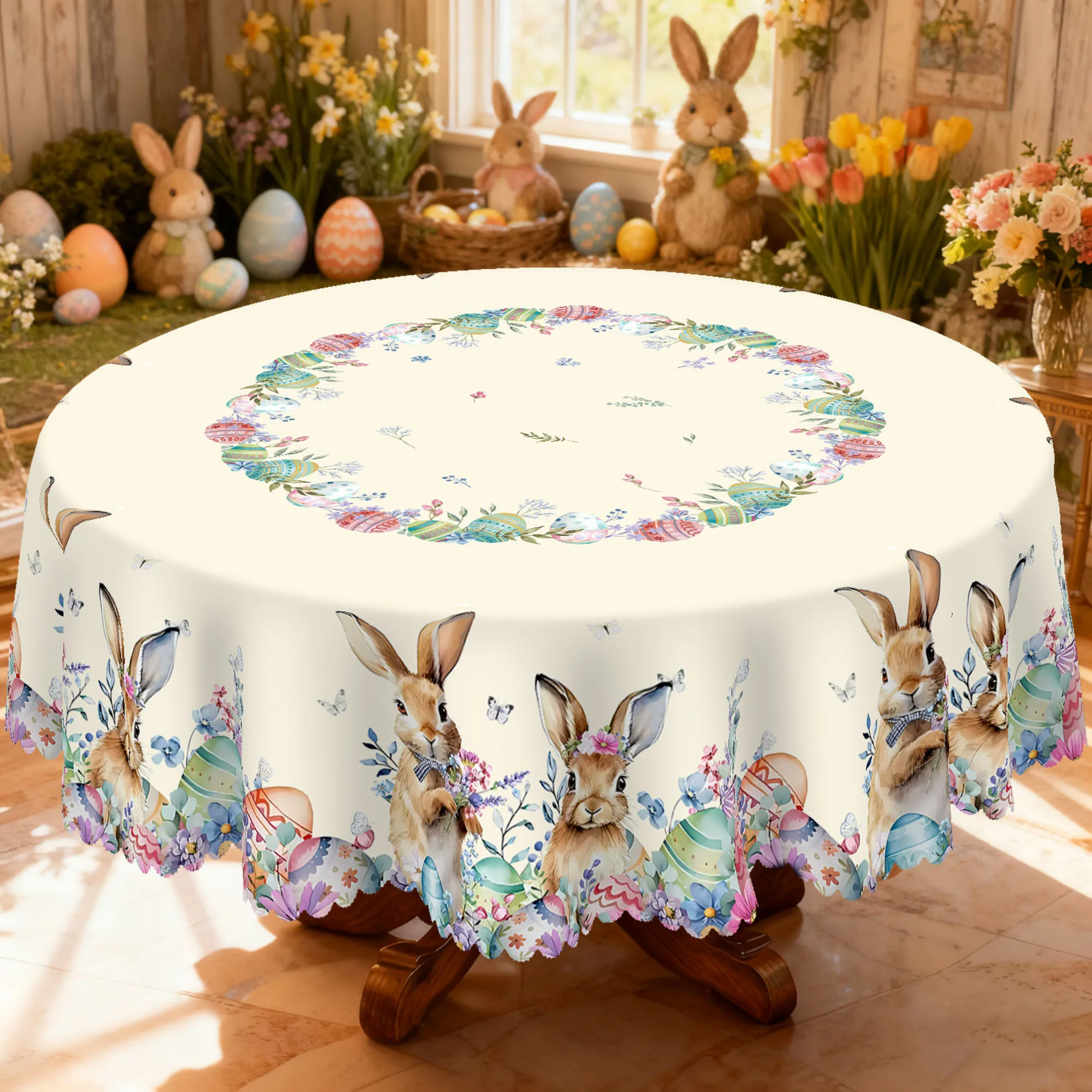 1 Pieza de Mantel Redondo y Rectangular de Pascua, Disponible en Varios Tamaños, con Huevos Pintados en el Centro Rodeados de Coronas, Adornado con Delicadas Flores Amarillas y Hojas Verde Claro, Combinado con Conejitos Adorables, Racimos de Flores Frescas y Mariposas Animadas, Bordes en Relieve, Decoración de Pascua, Adecuado para Reuniones Familiares de Pascua, Fiestas en la Terraza de Primavera, Decoración de Primavera, Regalos de Decoración para Fiestas de Primavera