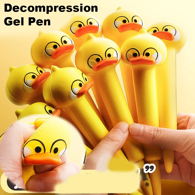 Descompressão amarelo pato gel caneta 0.5mm tinta preta kawaii canetas gel tinta esferográfica bonito caneta material escolar presente estudante