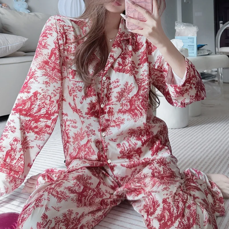 Pajamas Spring Summer Women Sleepwear Trouser Suit Print Flower Long Sleeve Pijamas Lounge Wear Loose Casual Home Wear Nightwear