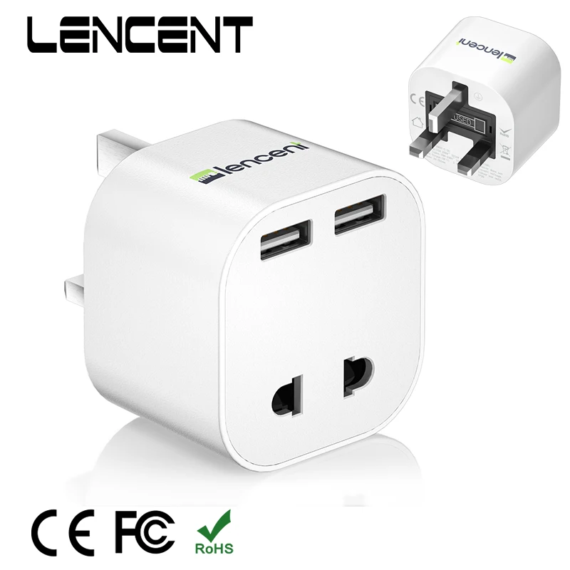 LENCENT UK 2 Pin to 3 Pin 13A Fuse Plug  Adaptor with 2 USB Ports 5V 2.4A  Wall Charger  Travel Adapter for Home and  Office