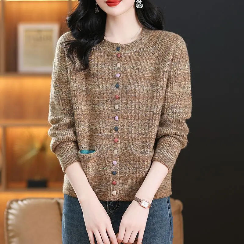 

Женский вязаный кардиган в стиле весны и осени 2025 года с круглым вырезом и цветочным принтом, свитер в стиле вестерн, куртка