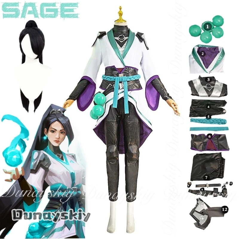 {BankaiMode}VALORANT Game Sage Косплей Пост Мокрая медсестра с черным длинным париком из хвоща с белой боевой униформой Cos Костюм