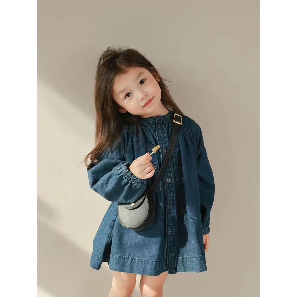 2023 NEW Denim Dress For Kids 2-8Y Fashipn Dress Casual Wear with Leather bag Jean Top Children