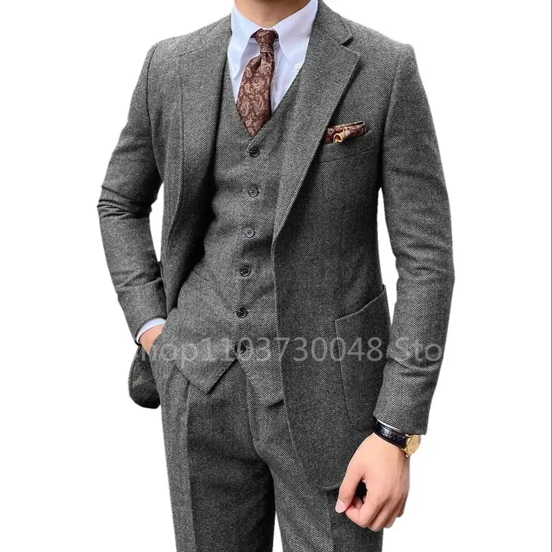 3 Piece Grey/Brown Mens Tweed Herringbone Wedding Suit Prom Tuxedos Peak Lapel Tweed for Business Slim Fit (Blazer+Vest+Pants)