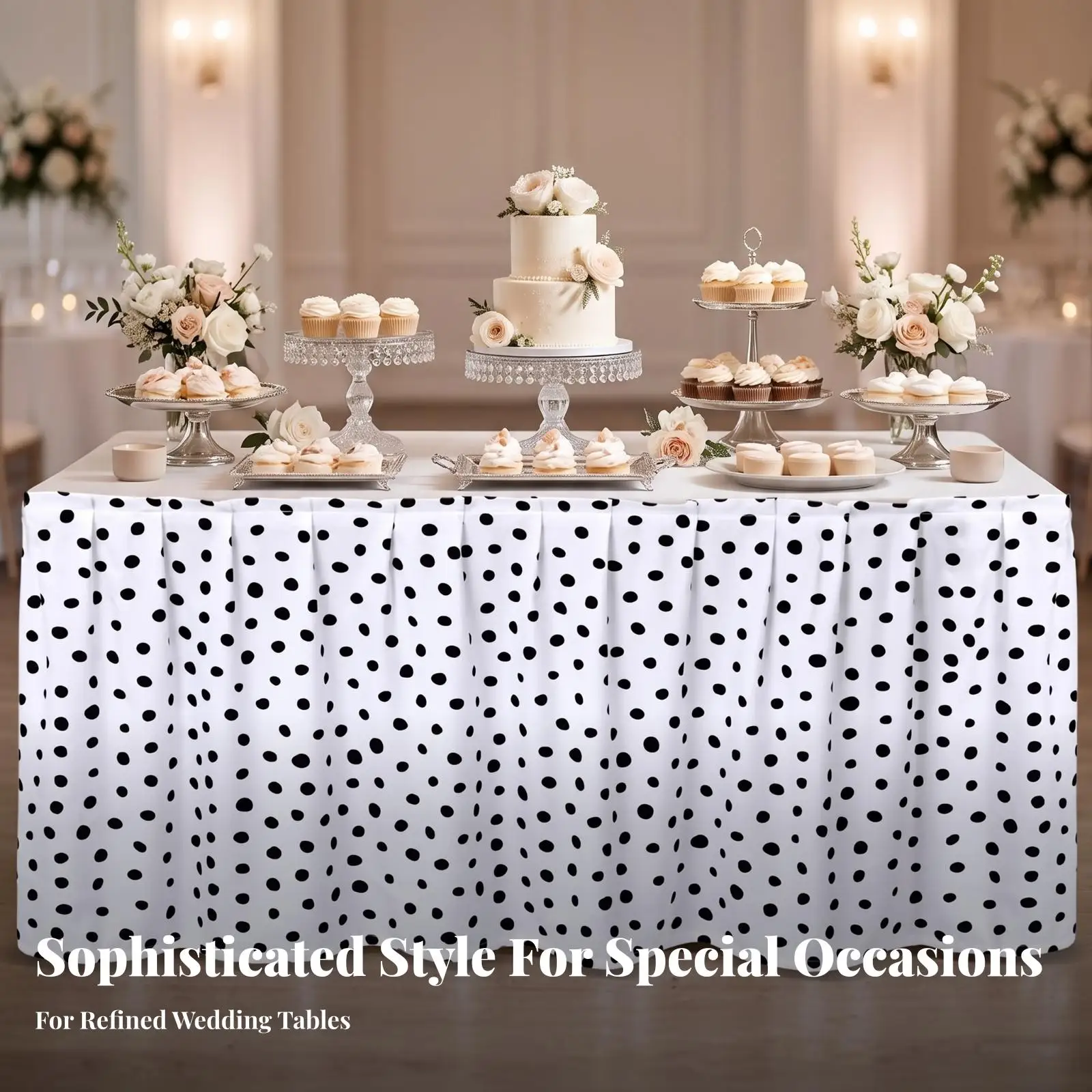 Ruffled Rectangular Table Skirt Waterproof Polka Circle Pattern for Wedding Party Dining Table Decorative Cover
