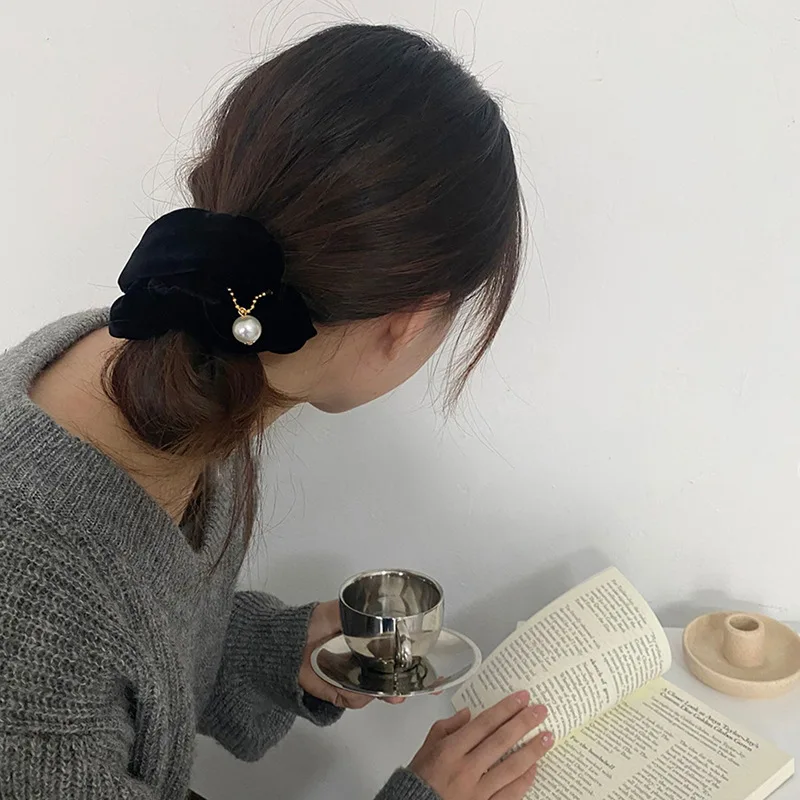 French Style Pearl Large Intestine Hair Ring Autumn and Winter High-Grade Black Velvet Hair Ring Hair Band Hair Accessories Head