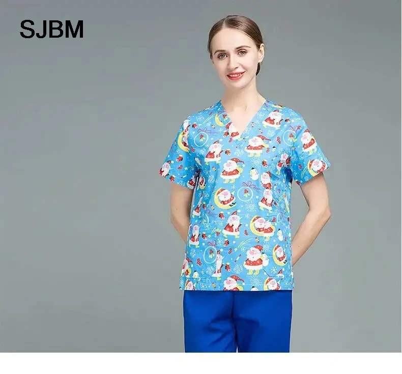 

Nurses Hot Sale For WomenChristmas Series Cotton Cartoon Print V-Neck Short Sleeve Top Hospital Doctors