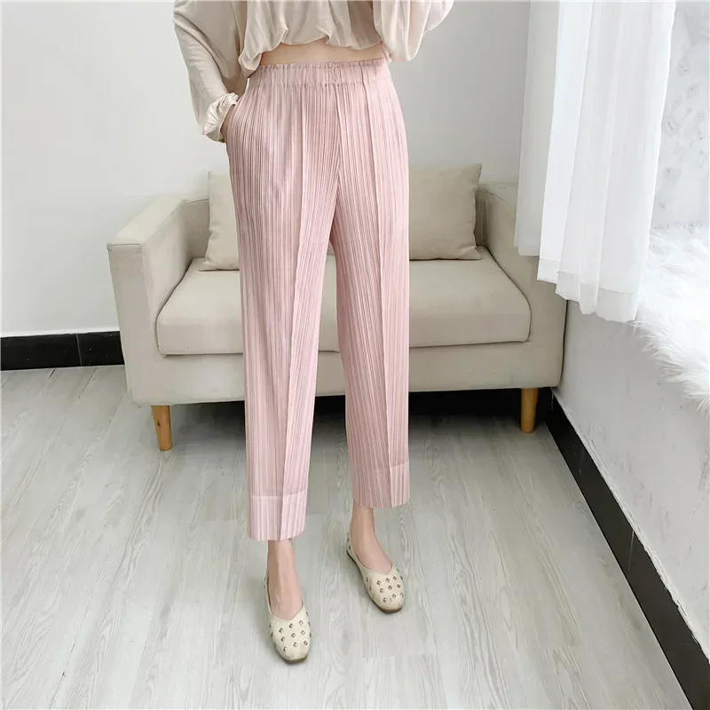 GGHK Pleated Straight Nine-minute Pants 2024 Summer Casual Fashion Versatile Women's Pressed Pleated Pants High-waisted Skinny