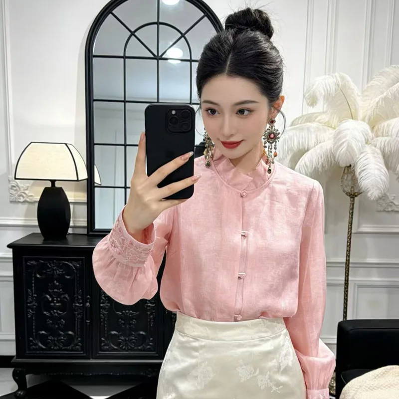 

Women Blouse Spring Summer Embroidery Top New Chinese Style Top Women's Flowers Loose Shirt S-XXL