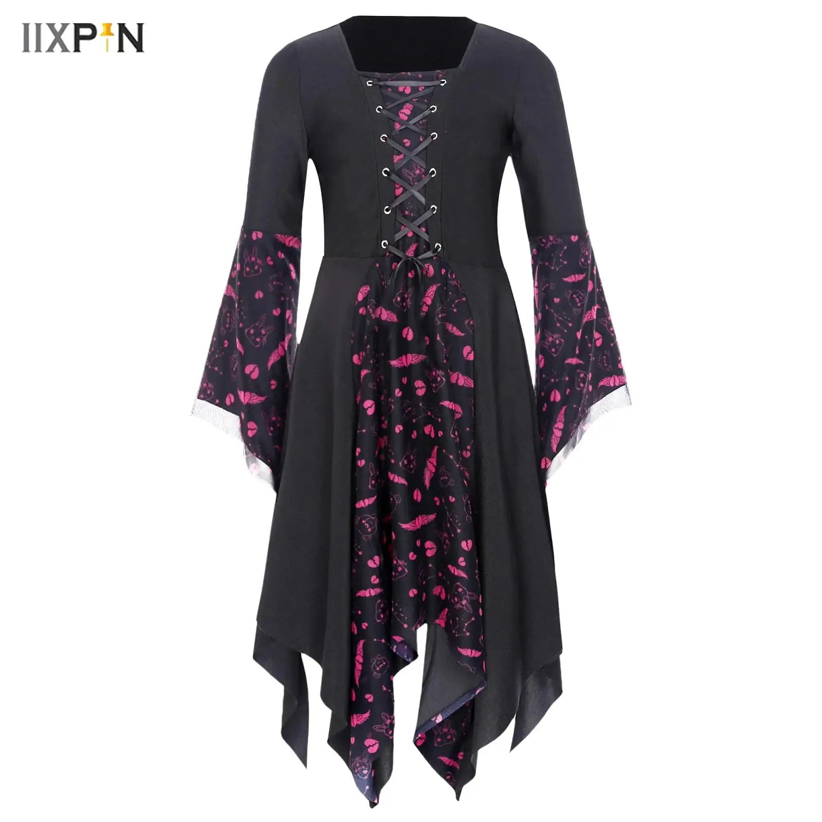 

Girls Medieval Renaissance Costume Gothic Dress Lace-up 3/4 Sleeve Cartoon Print Short Dress Halloween Cosplay Party Costume