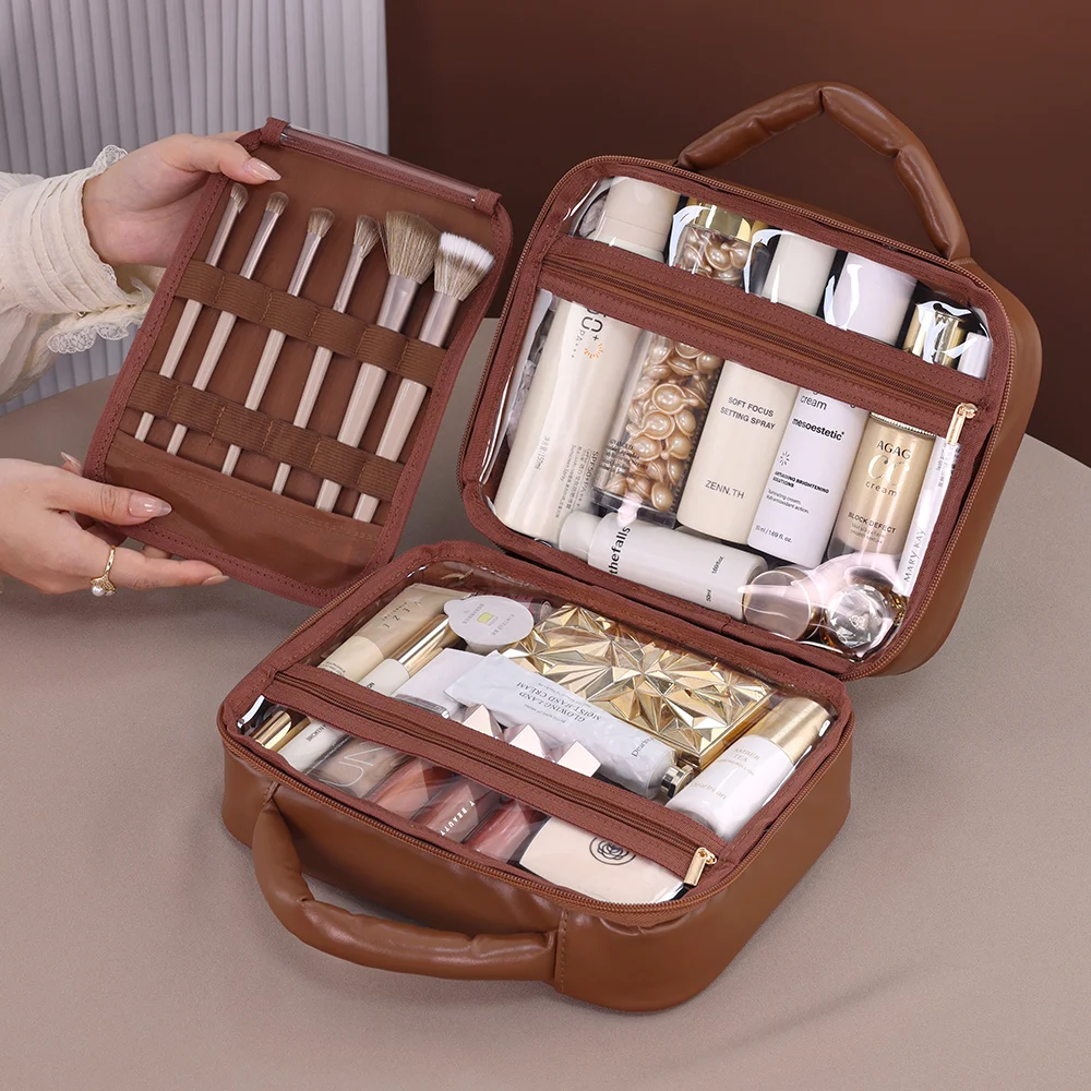 Large Capacity PU Grid Melody Women's Cosmetic Storage Box Portable Travel Makeup Bag High-end Feel Multi-compartment Wash Bag