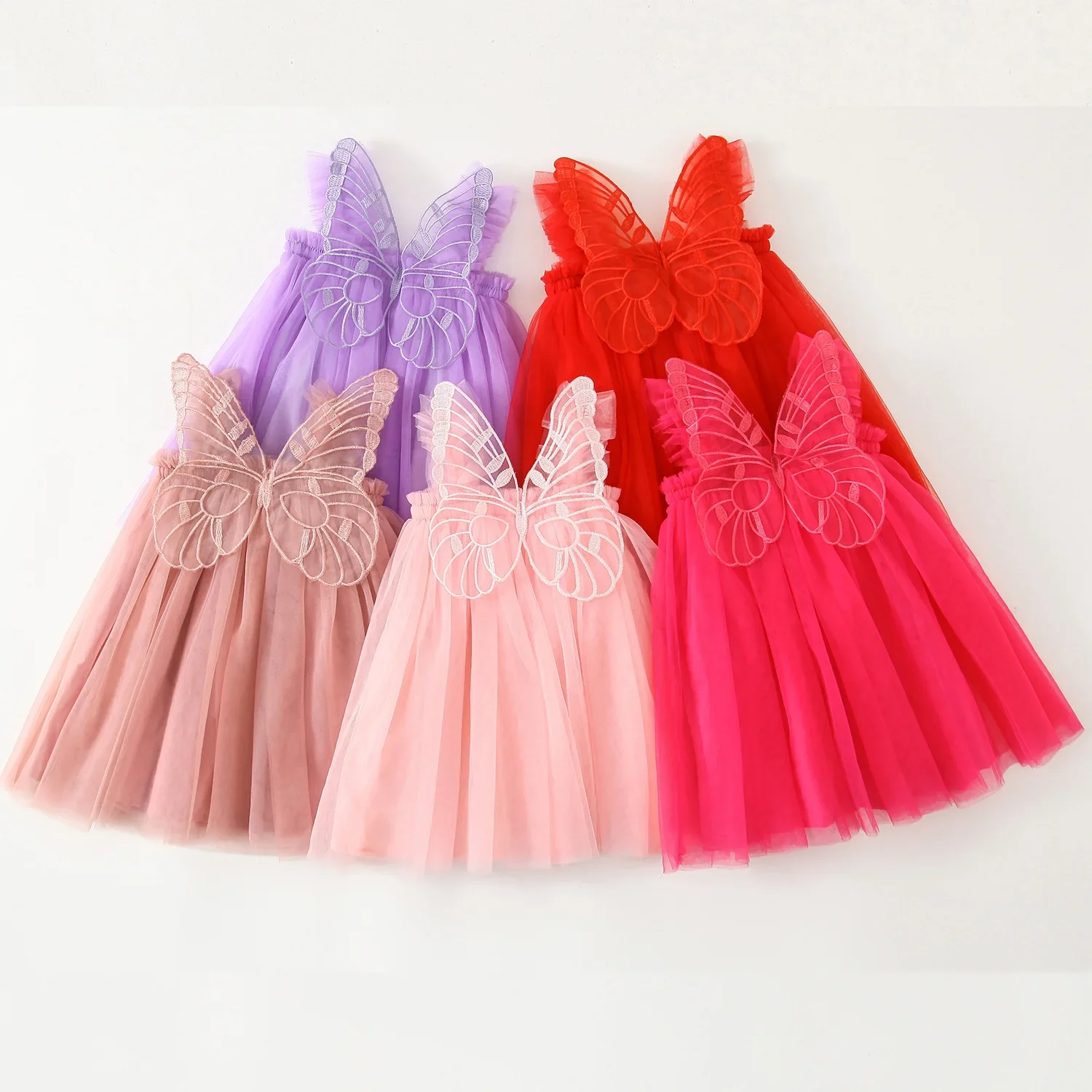 Children Suspender Dress 3D Butterfly Angel Wings Fluffy Mesh Princess Skirt Kids Girl Cute Mesh Birthday Gift Infant Ball Gown