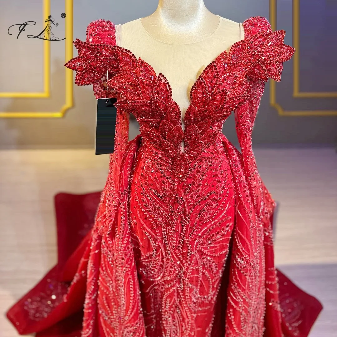 Women's Luxury Evening Dress V-neck Leaf Decorated Crystals Long Sleeve Mermaid Dress Detachable Train Red Grand Evening Dress