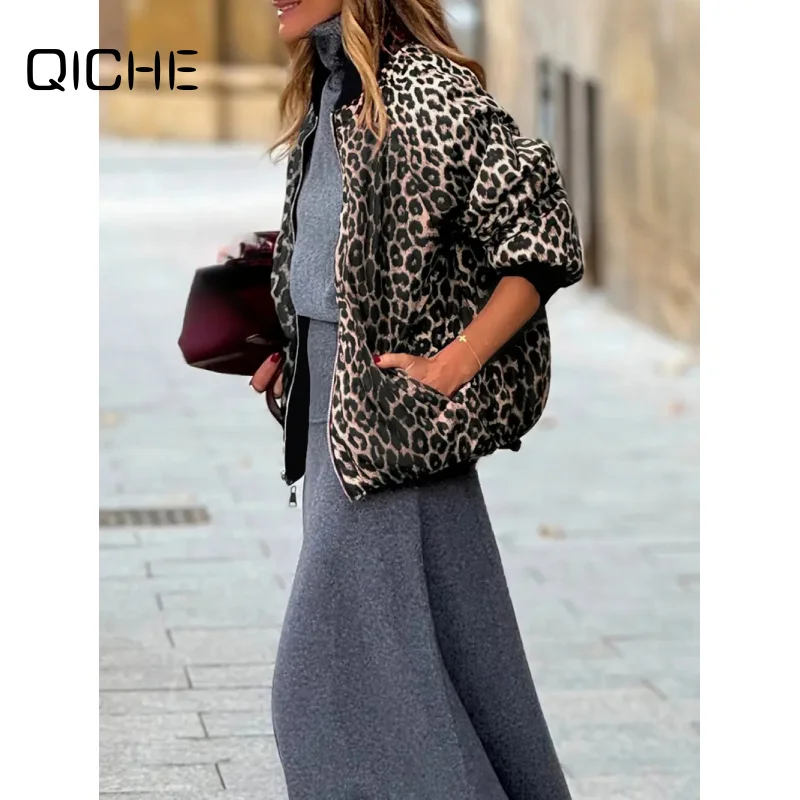 QICHE 2026 Wine Red Reversible Casual Jacket, Ladies Zip Up Leopard Print Lining Loose Overcoat