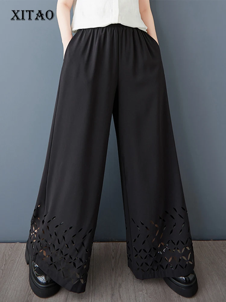 

XITAO Hollow Out Wide-leg Elastic Waist Pant Casual Solid Color Slimming Korea New Arrival Personality Spring Women Pant GYX1525