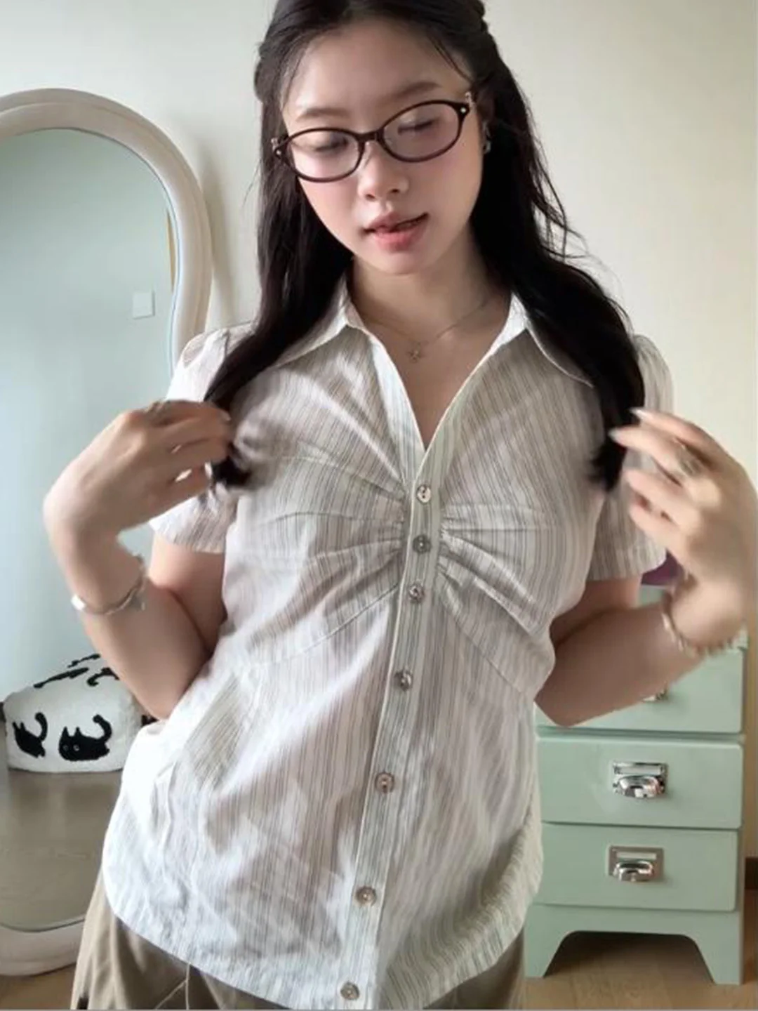 

American Style Slim Fit Striped Pleated Shirt Women's Short Sleeve Summer New Design Sensation Waist Cinching Top