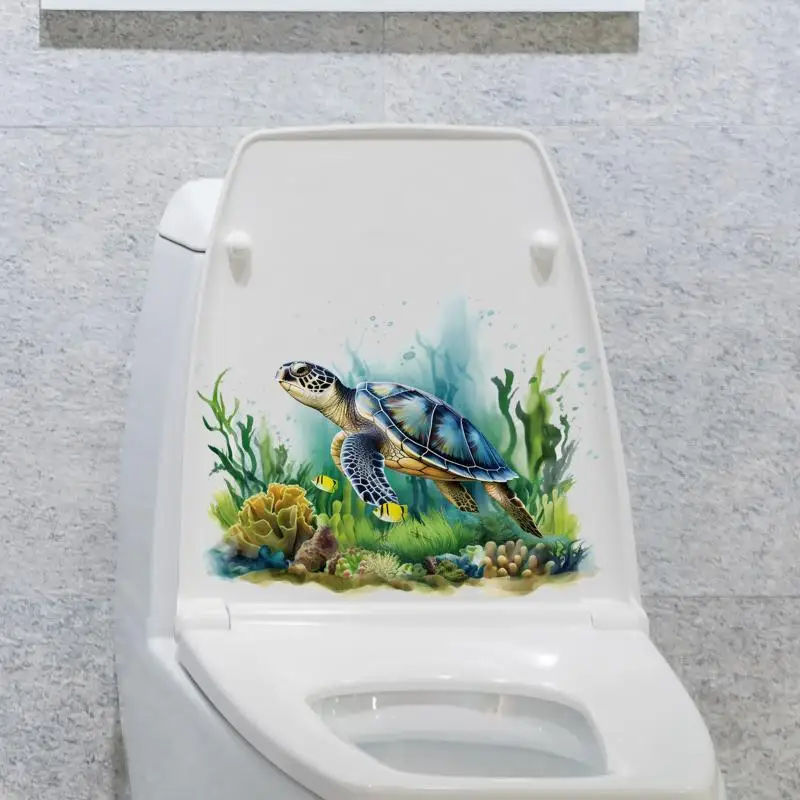 Ocean Turtle Toilet Decal Waterproof Self Adhesive Removable Watercolor Bathroom Decor