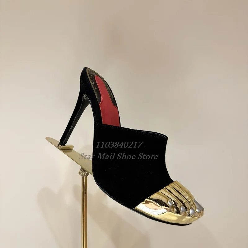 Pointed Toe Gold Thumb Slipper Luxurious Black and Gold Spliced ​​Material Stiletto Heel Casual High Heel Slippers Strange Style