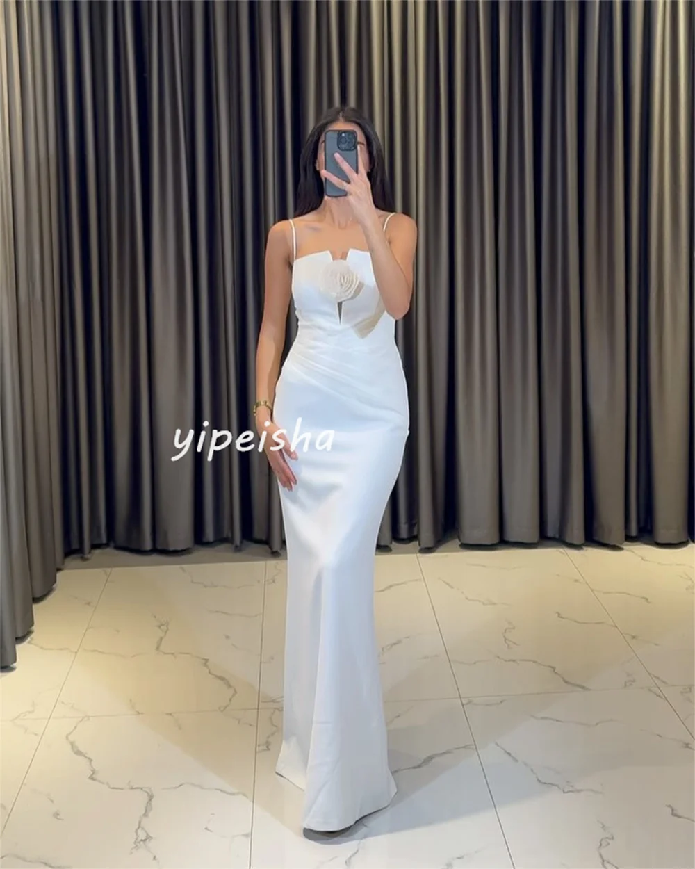 Customized Sexy Chinese Style Handmade Flower Pleat Sheath Spaghetti Strap Long Dresses Cocktail Dresses Sizes Available Fashion