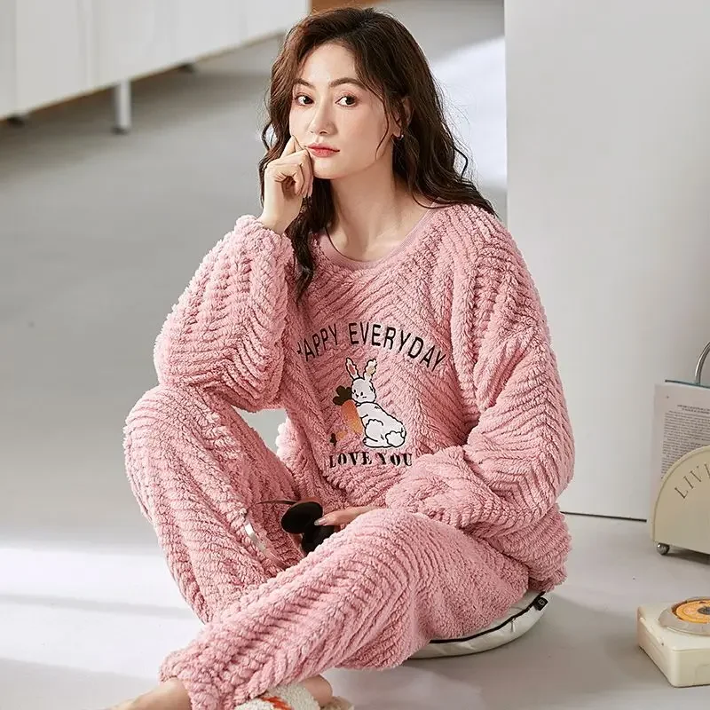 Coral Fleece Sleepwear Women Winter Warm Pajamas Sets Kawaii Clothes Long Sleeve Pullover Pant Loungewear Loose Nightwear Korean