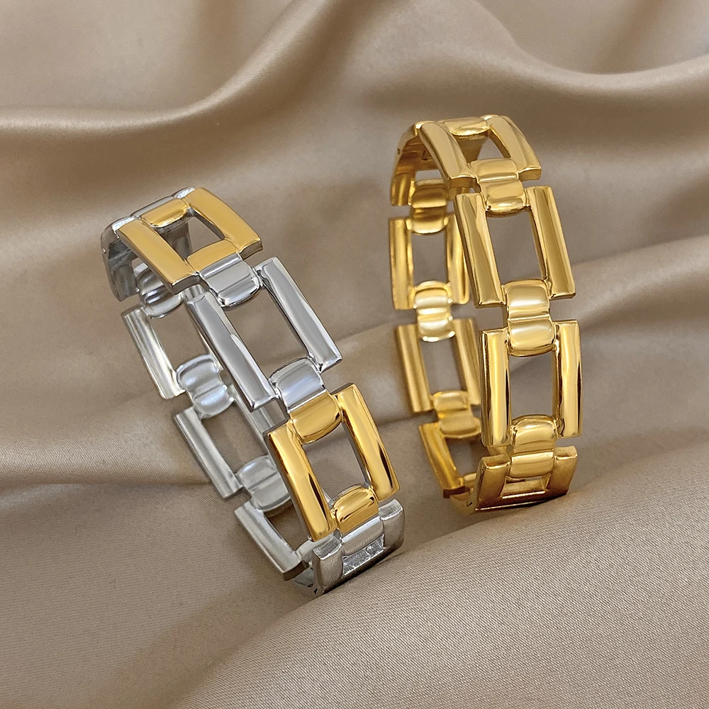 

Freetry Punk Hollow Out Geometric Stainless Steel Bracelet Women Minimalist Smooth Gold Color Wide Bracelet Waterproof Jewelry
