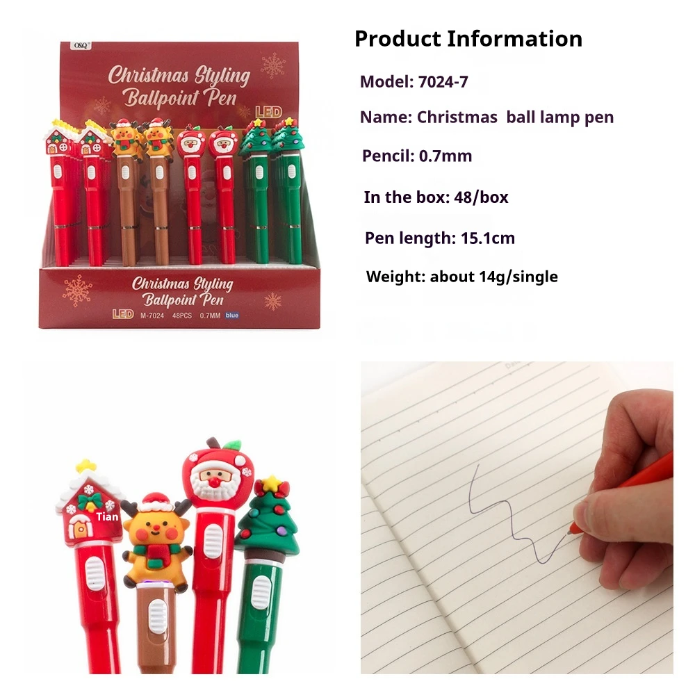 48Pcs/Lot Cute Christmas Light Ballpoint Pens Blue Ink LED Cartoon Luminous Rotating Ball point Pen Santa Snowman Gifts Office