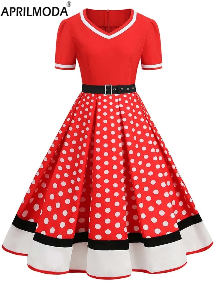 2024 anni '50 anni '60 scollo a V vita alta abito Vintage pieghettato stampa a pois donna estate manica corta anni '50 vestito estivo da festa Robe s ~ 4XL