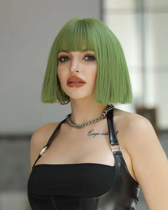 Short Bob Straight Green With Bangs Synthetic Wig Christmas Party Daily Wear Cos