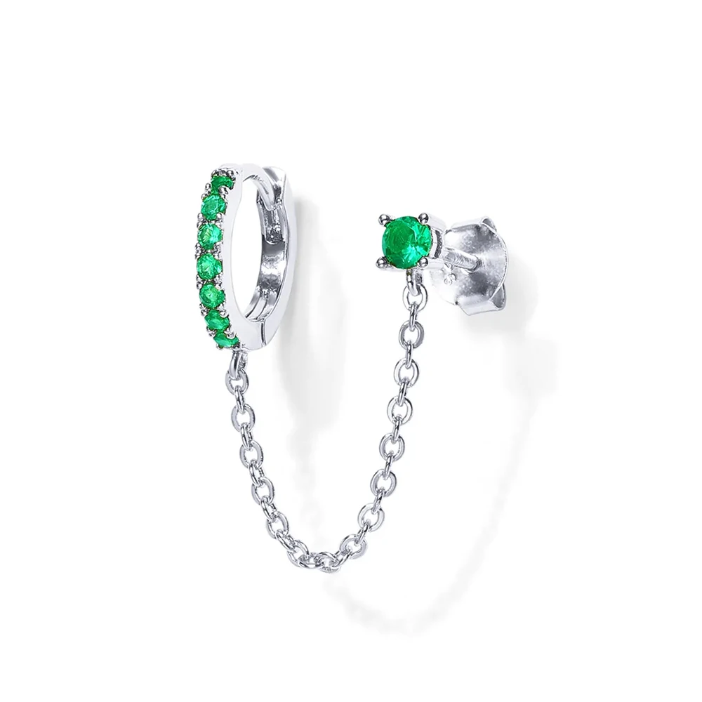 Aide 1pc 925 Sterling Silver Double Hole Chain Tassel Earrings For Women Fresh Green White CZ Zircon Pave Circle Stud Earring