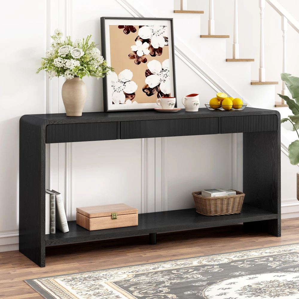 

Modern Console Table with 3 Drawers Vertical Slats round Edge Design for Entryway Hallway behind Sofa Living Room Furniture