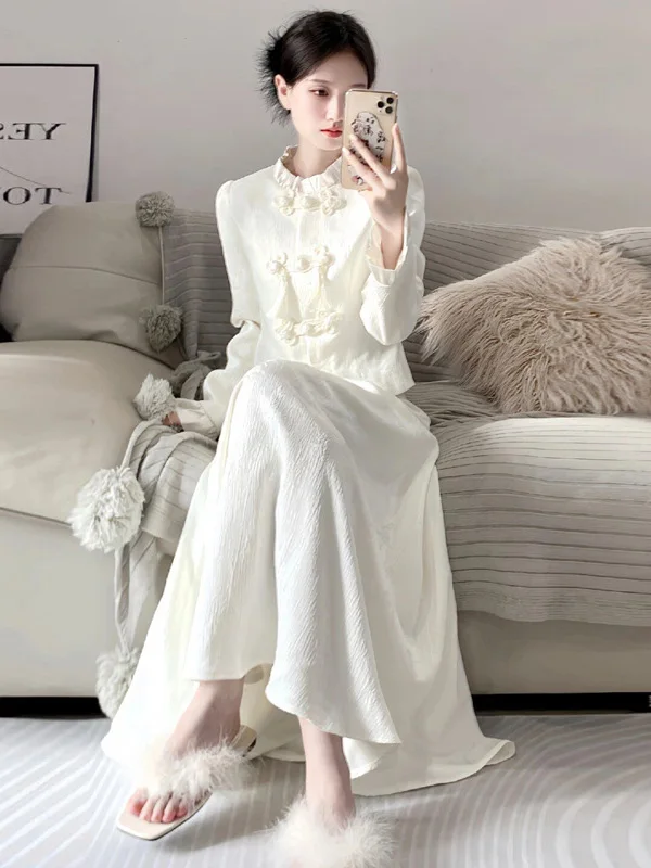 

New Chinese Style National Fashion Set High Sense Lady Personality Small Fragrance Style Button Top Half Skirt Two Piece Set ...