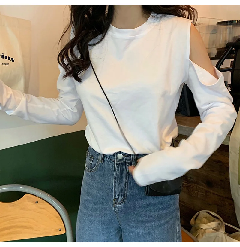 Women Spring Autumn Solid Loose Long-sleeved Short T-Shirts Korean Style Y2k Tide New Chic Off-shoulder Tops Fashion Streetwear