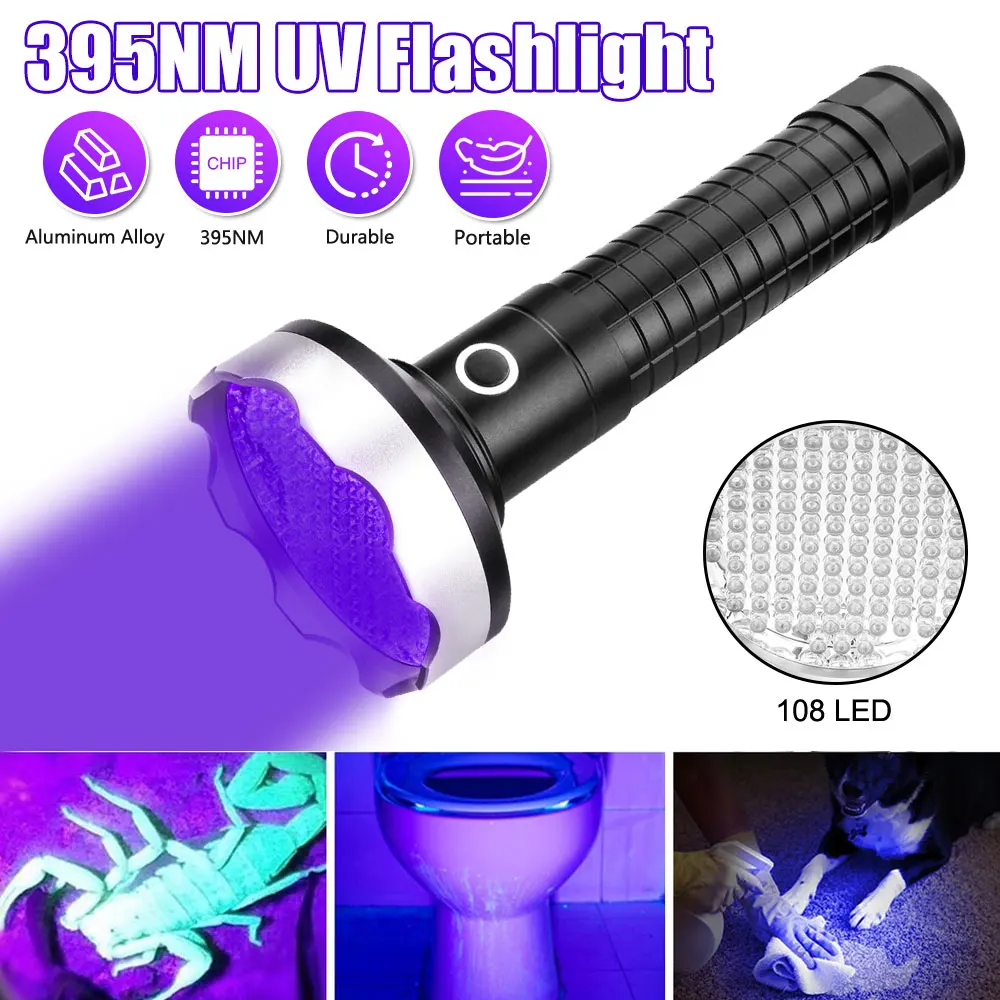 

395nm UV Flashlight 180LED Ultraviolet Torch 395nm Blacklight Ultra Violet Light Inspection Lamps Pet Urine Stain Detector Light