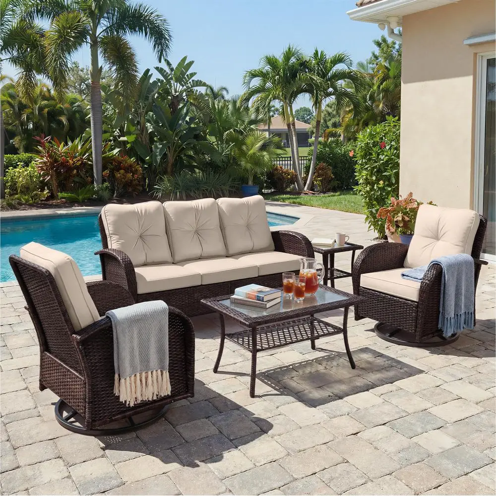 

5 Pieces Patio Furniture Sets, Wicker Outdoor 3Seat Sofa Set with Swivel Chairs, Patio Conversation Set for Deck Backyard Garde