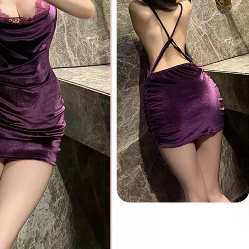 

Sexy Lingerie Suspenders Velvet Lace Backless Nightdress Pure Desire Uniform Pajamas