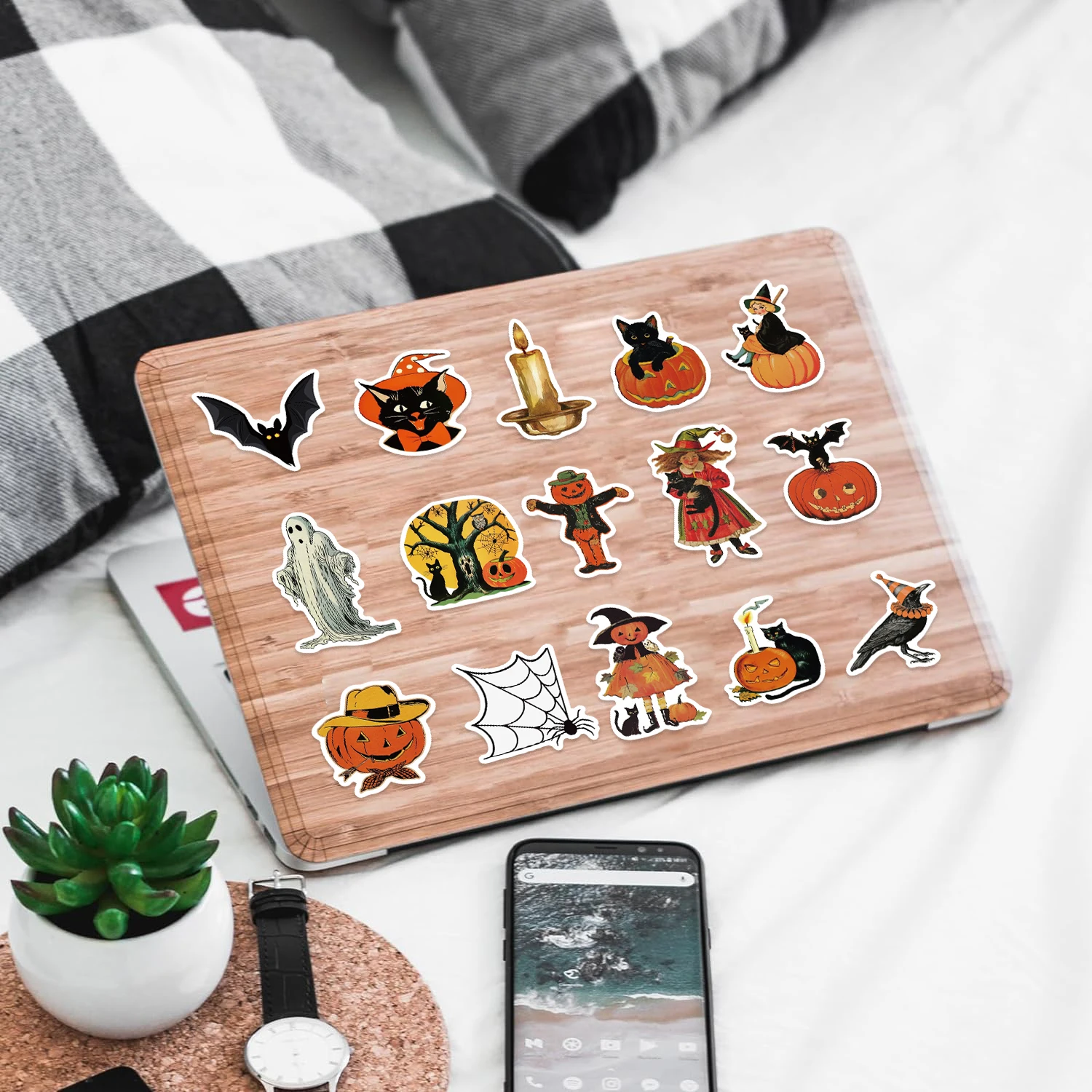 52 قطعة من ملصقات اليقطين الساحرة المطلية لتزيين العطلات لأجهزة الكمبيوتر والهواتف وأجهزة الكمبيوتر المحمولة وملصقات مقاومة للماء #3