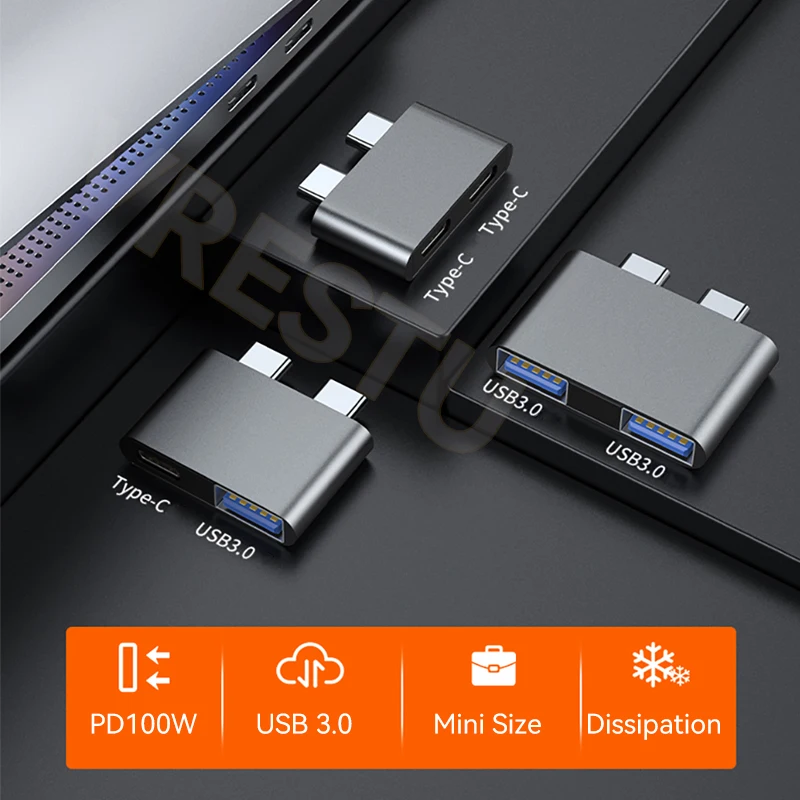 맥북 프로 에어 도킹 스테이션용 듀얼 USB C 허브 어댑터, 100W PD USB 3.0, 40Gbps 노트북 휴대용 OTG 컨버터, 미니 HAB