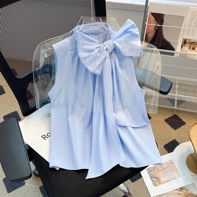 Elegant Sleeveless Blouses With Bows Stand Collar Sweet Korean Shirt Luxury Vest Loose Japanese Ropa Summer New Blusas Mujer Top