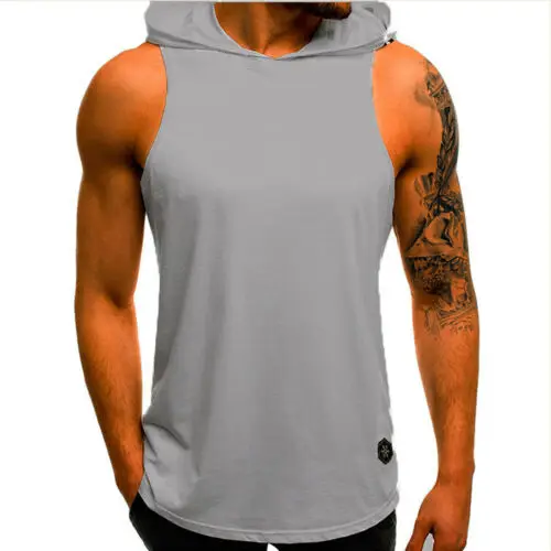 สีทึบลำลองชายกล้ามเนื้อ Gym Hoodie Tank Top หลวมผ้าฝ้ายเพาะกายเสื้อแขนกุด Hooded Men เสื้อยืด