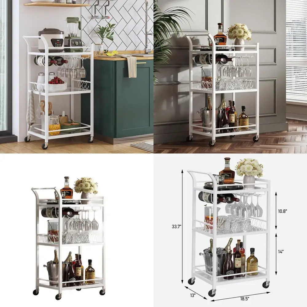 

3-Tier Mirrored Rolling Home Bar Cart, Mobile Beverage Serving Trolley, White