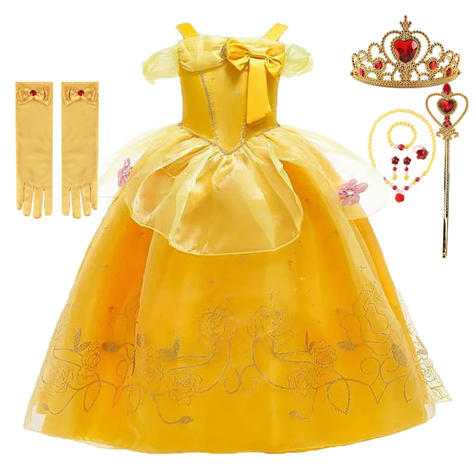 Girls Belle Costume Kids Princess Dress Halloween Carvinal Cosplay Belle Clothes Children Wedding Party Flower Printing Dress