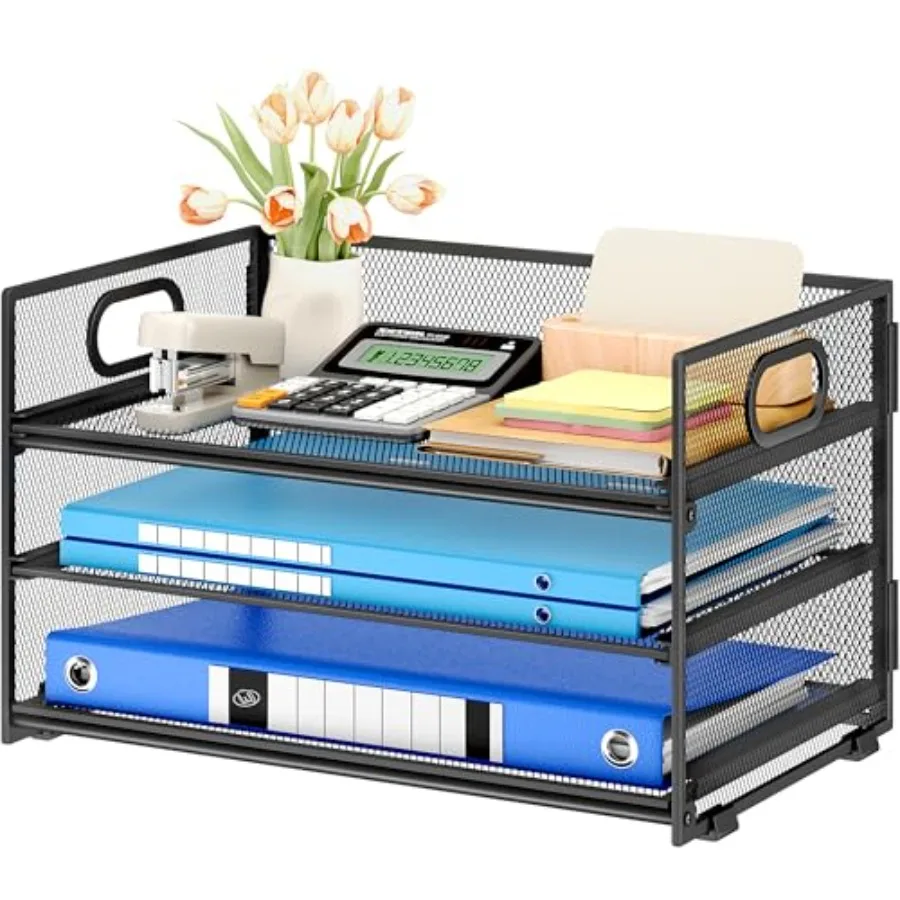3 Tier Paper Letter Tray Organizer for Desk, Metal Mesh Desk File Folder Sorter Organizer with Handle and Sliding Tray for Home