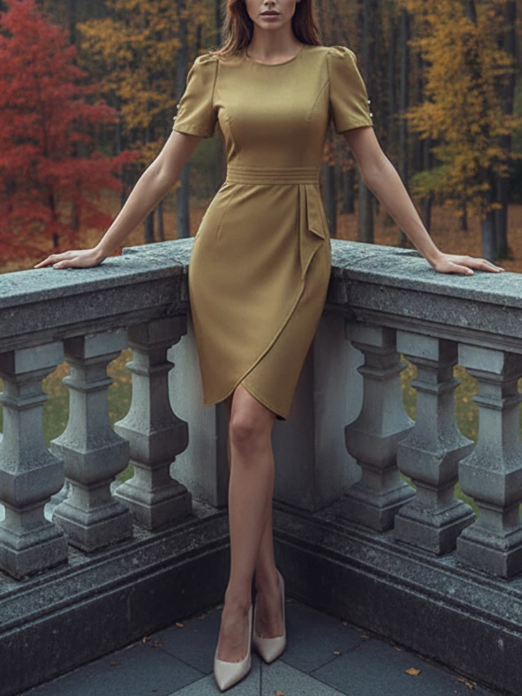 

Women Elegant Party Dresses O-Neck Short Puff Sleeve Ruffled Trim Detail Slim-Fit Knee-Length Dress ZANZEA Woman Trendy Clothes