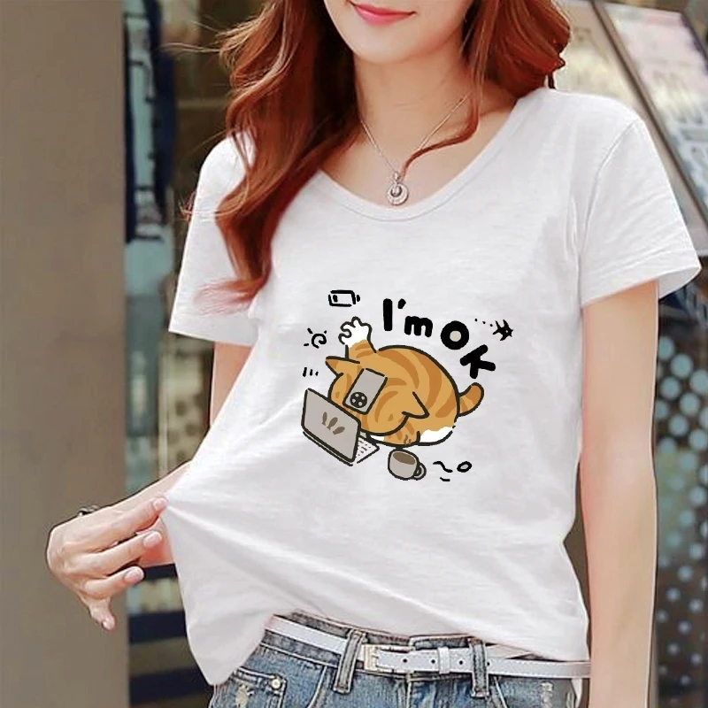 

Women T-Shirts Print The Little Orange Cat Thinks It Can Still Hold on Tee Shirt Breathable Soft Clothes All-Match Tops