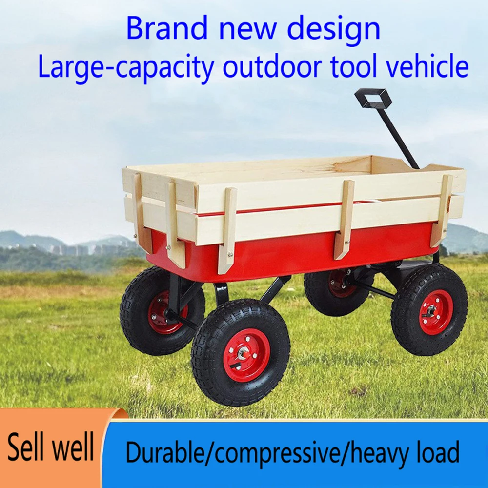 Garden Cart Utility Wagon, 176 LBS  Capacity,Garden Wagon Pulling Cart with Wood Railing Folded Handle for Garden Farm Orchard