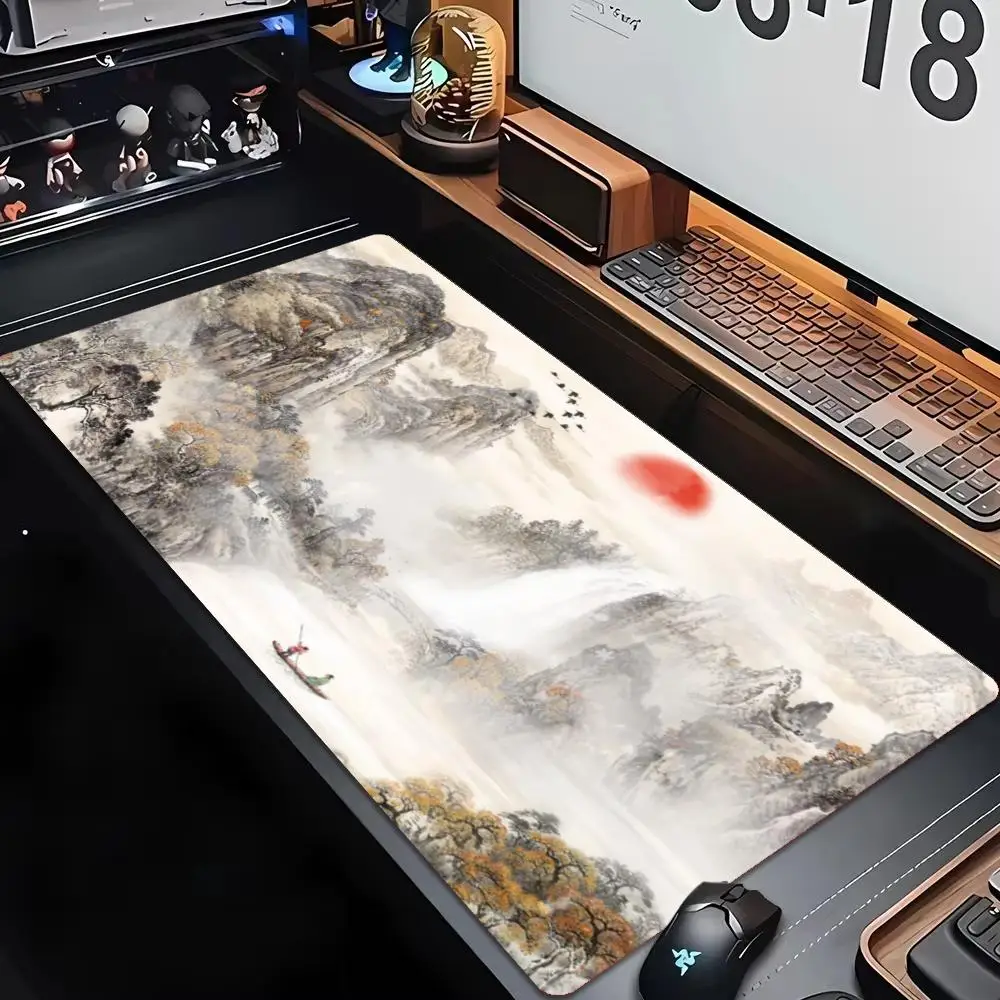 Chinese Ink Wash Mountain Landscape XXL Deskmat Non-Slip Rubber Mouse Pad Boat Cranes Waterfall Bamboo Pc Gamer Gaming Mats